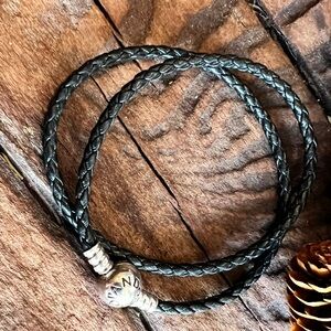 Authentic Pandora Necklace Bracelet Black Double Wrap Leather Braided Round L